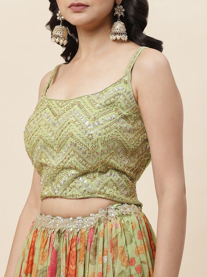 Floral Printed Organza Choli With Lehenga &amp; Cape