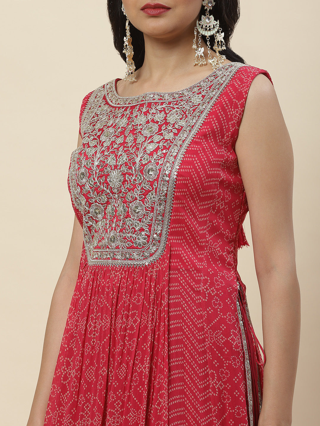Bandhani Printed Georgette Long Kurta With Skirt &amp; Dupatta