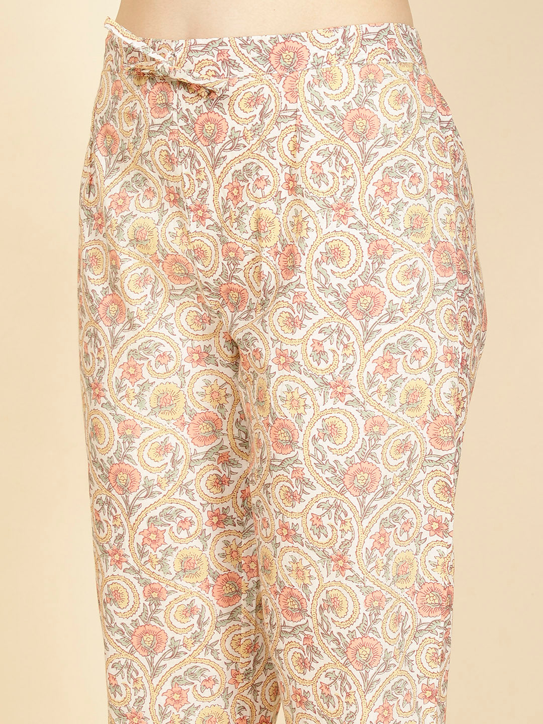Floral Block Printed Cotton Kurta With Pants &amp; Dupatta