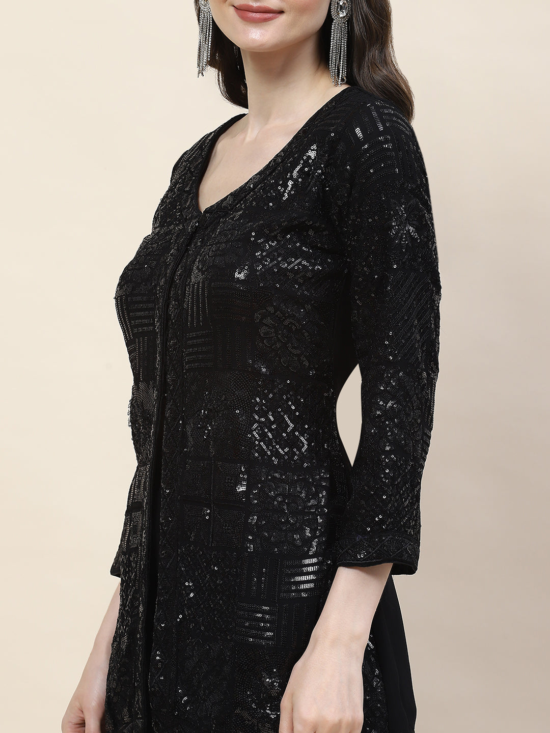 Sequin Embroidery Georgette Kurti With Palazzo &amp; Dupatta