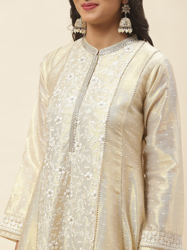 Resham Booti Embroidered Cotton Anarkali Kurta With Churidar &amp; Dupatta