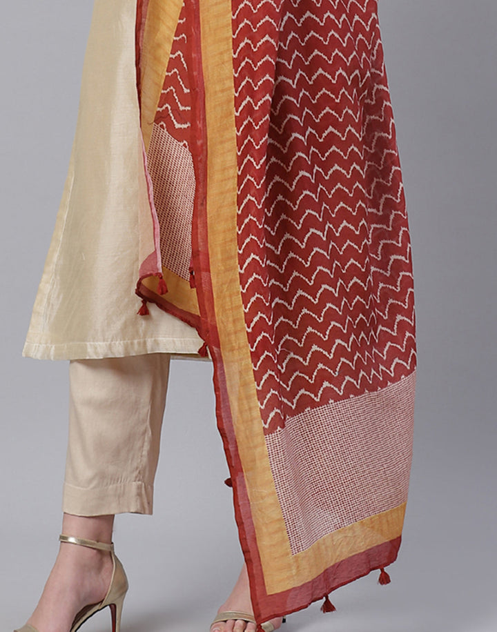 Embroidered Cotton Kurta With Pant &amp; Chanderi Dupatta