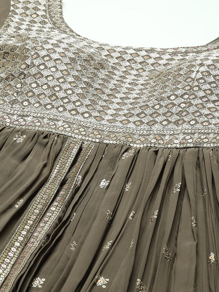 Sequin Embroidered Georgette Kurta With Sharara &amp; Dupatta