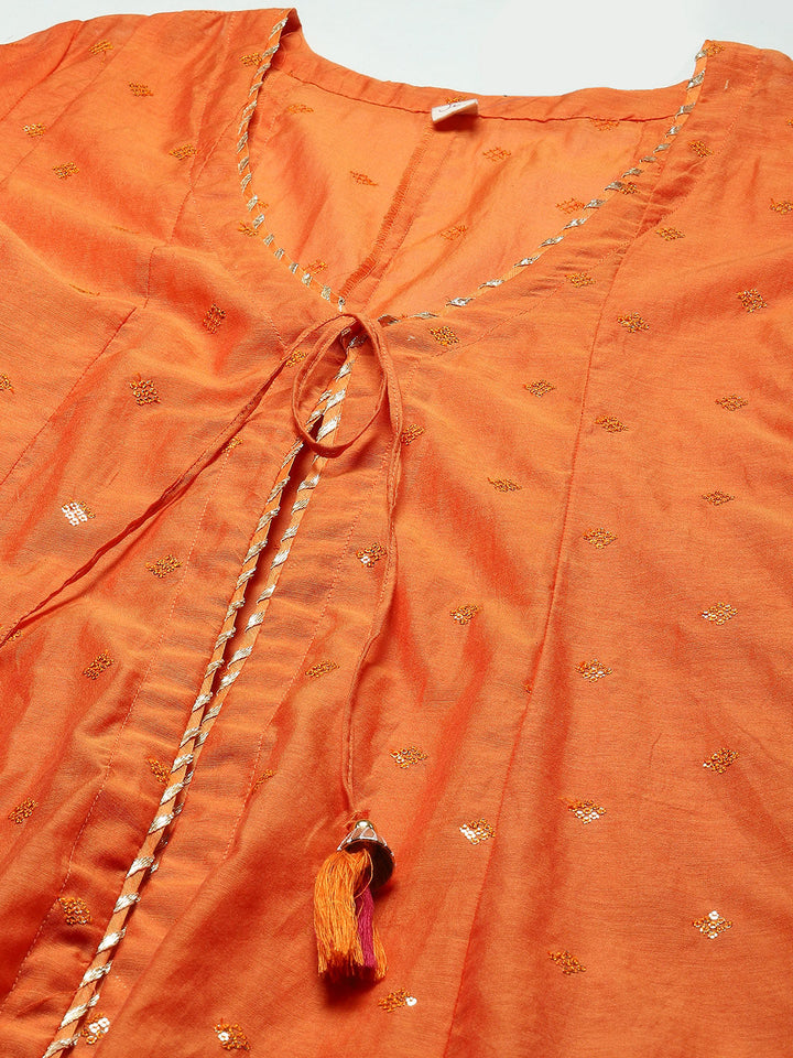 Embroidered Chanderi Kurta With Cape &amp; Pants