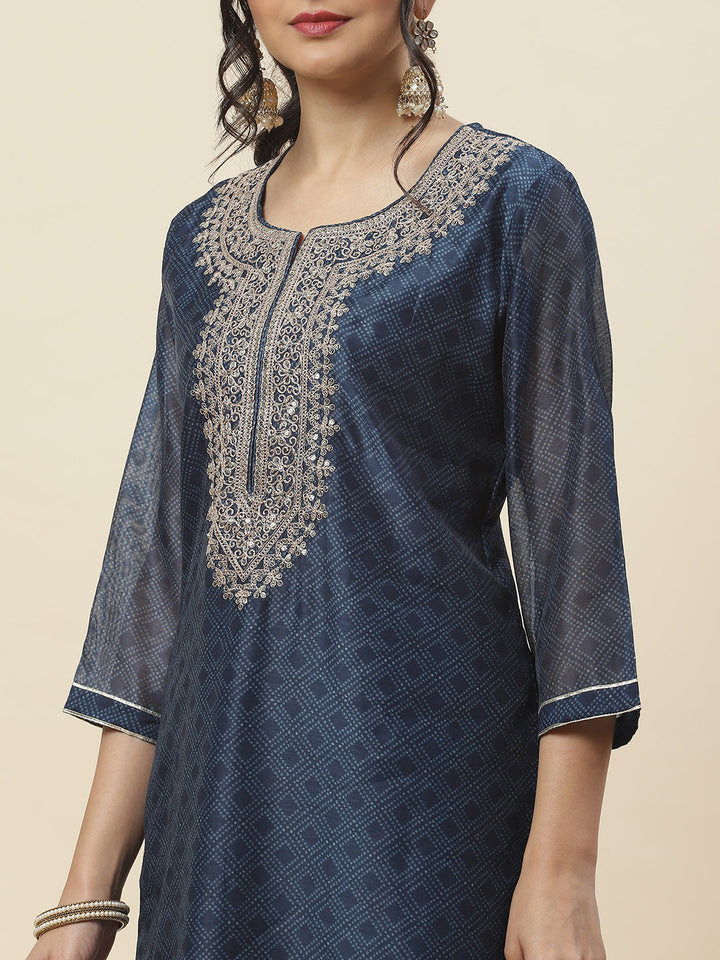 Printed &amp; Neck Embroidered Chanderi Kurta With Pants &amp; Dupatta