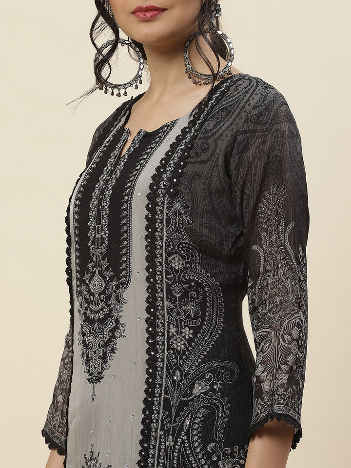 Printed Georgette Kurta With Pants &amp; Dupatta