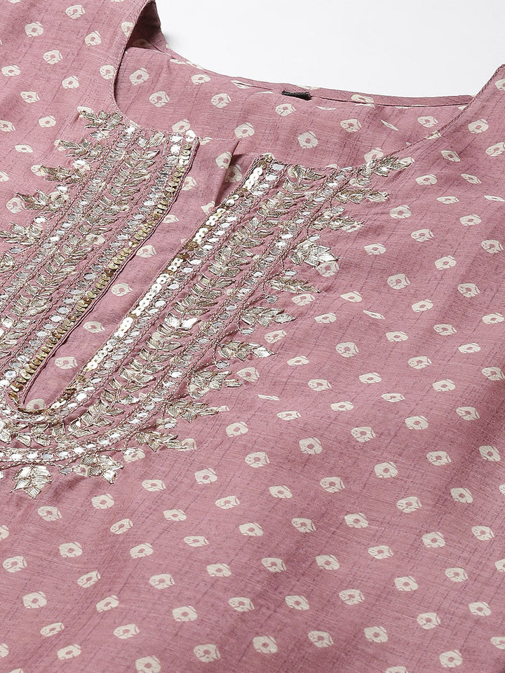 Printed &amp; Neck Embroidered Chanderi Kurta With Pants