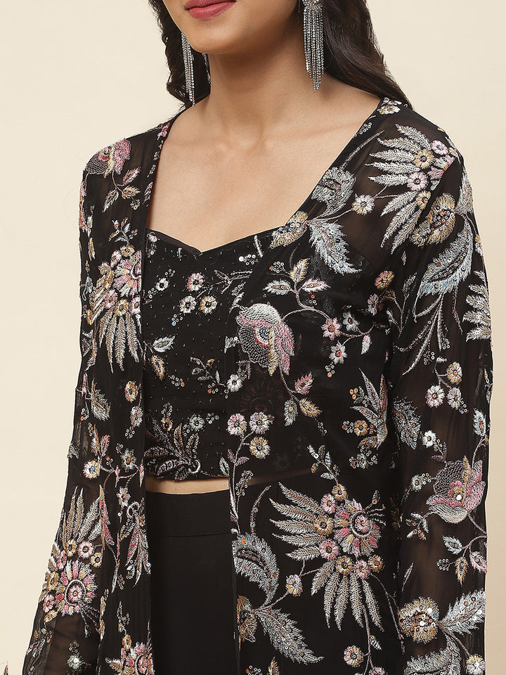 Sequence Embroidered Georgette Crop Top With Palazzo &amp; Jacket