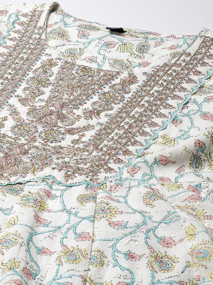 Floral Printed Cotton Kurta With Pants &amp; Dupatta