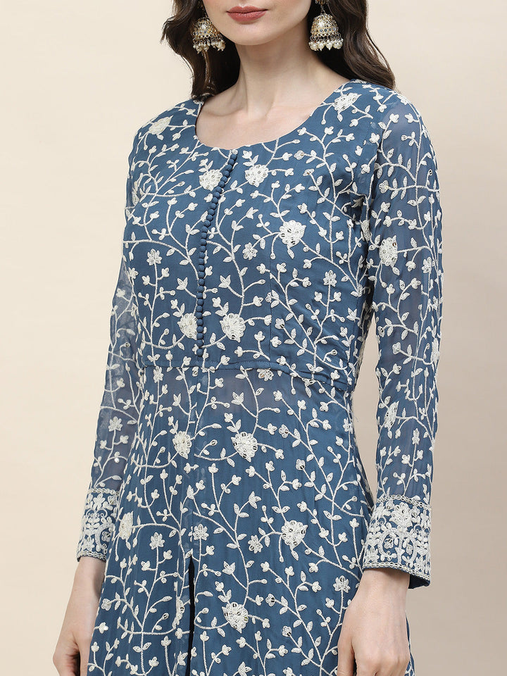 Resham Embroidery Georgette Kurta With Sharara &amp; Dupatta