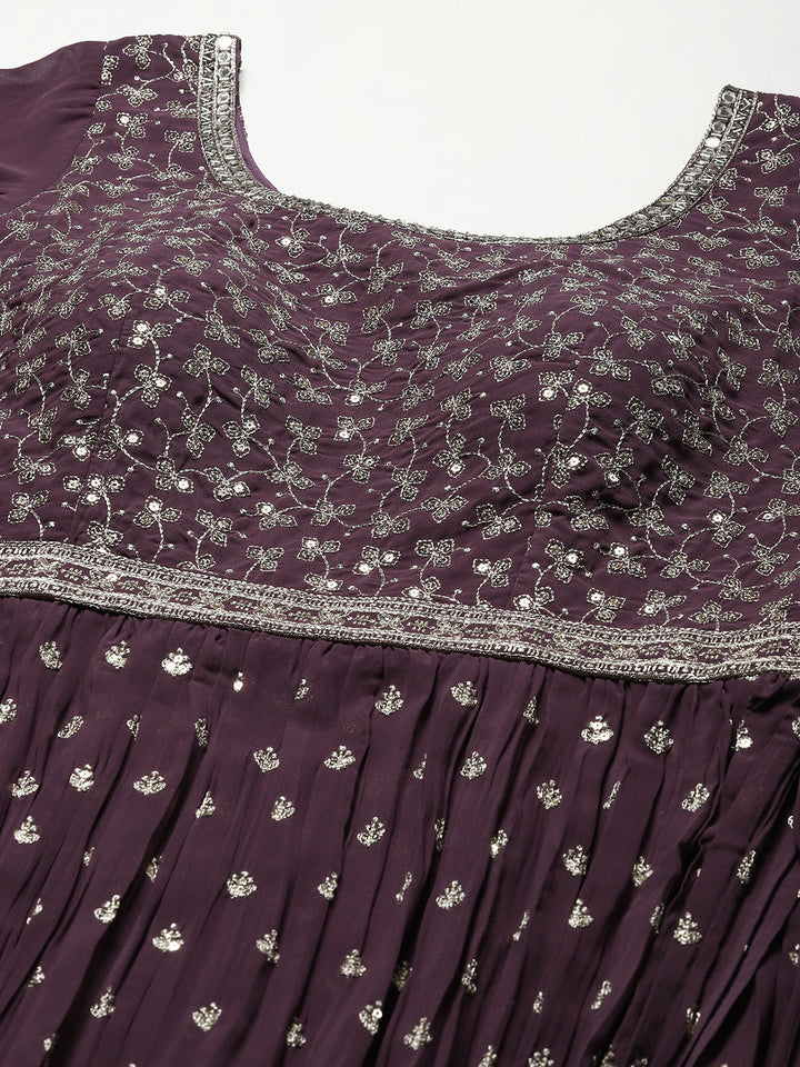 Zari Embroidered Booti Georgette Kurta With Palazzo &amp; Dupatta