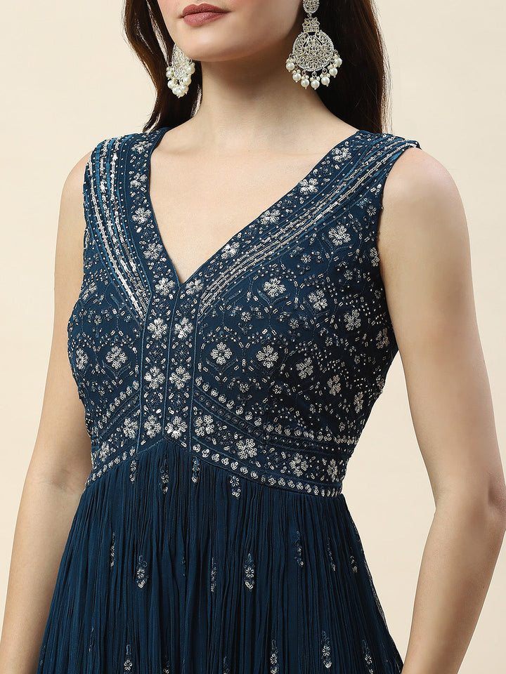 Sequin Embroidery Georgette Kurta With Palazzo &amp; Dupatta
