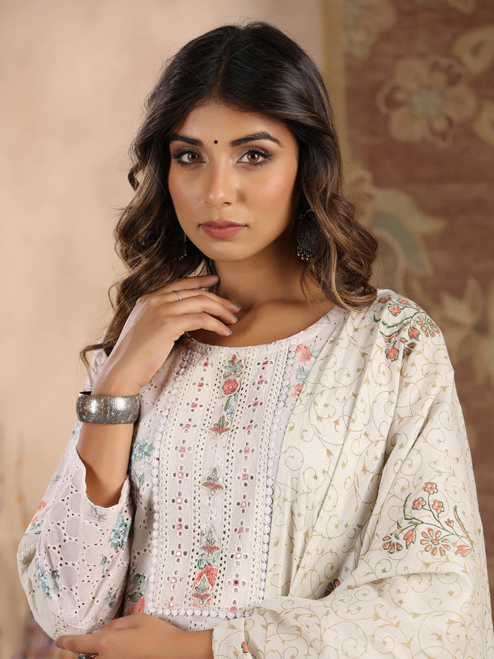 Printed Cotton Kurta With Pants &amp; Dupatta