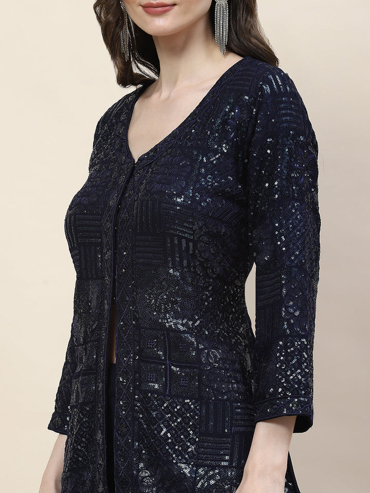 Sequin Embroidery Georgette Kurti With Palazzo &amp; Dupatta