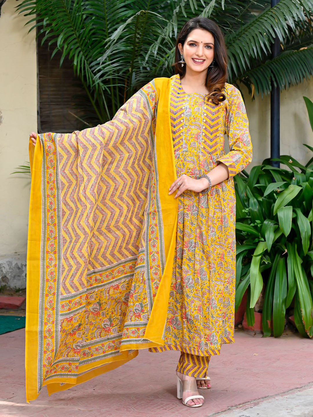 Floral Printed Cotton Kurta With Pants &amp; Dupatta