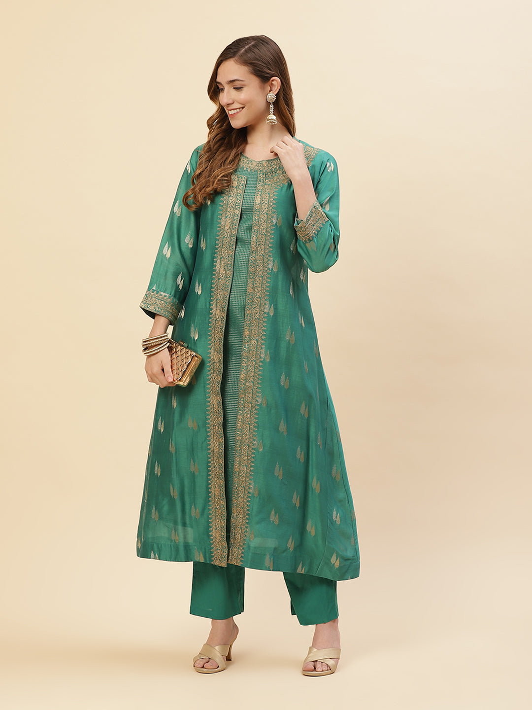 Embroidered Chanderi Kurti With Jacket And Pant