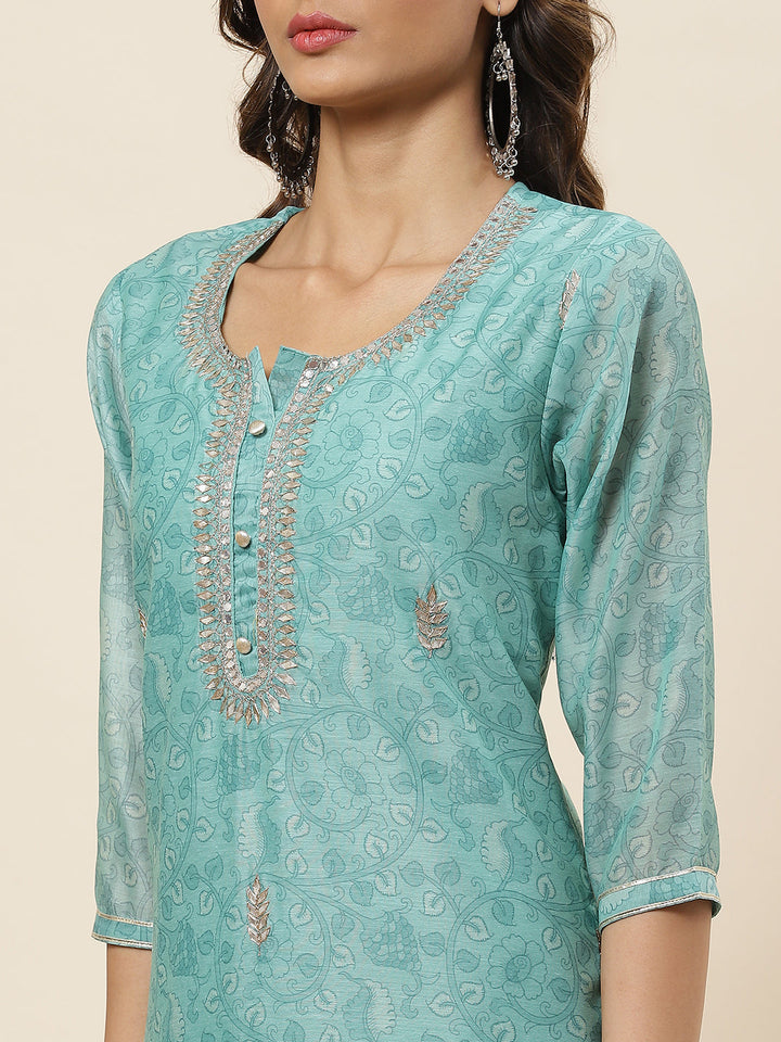 Printed &amp; Neck Embroidered Chanderi Kurta With Pants