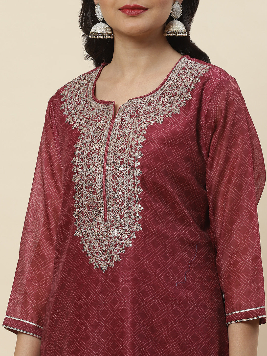 Printed &amp; Neck Embroidered Chanderi Kurta With Pants &amp; Dupatta