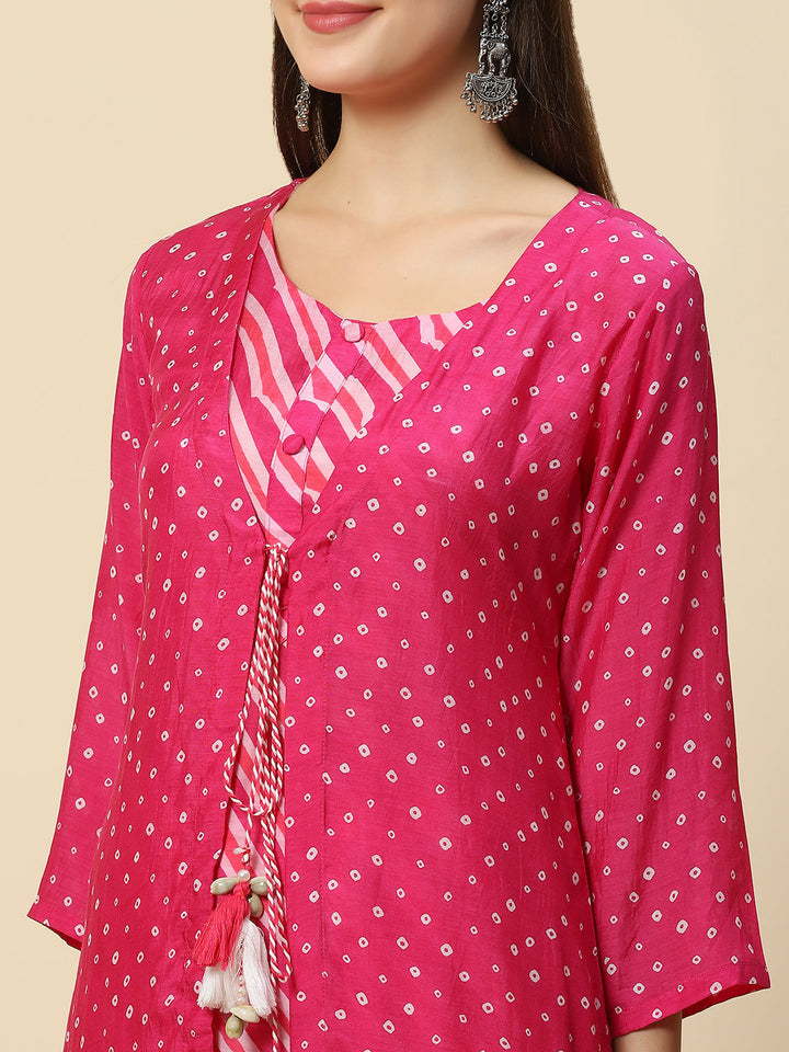 Leheriya Printed Muslin Kurta With Pants &amp; Jacket