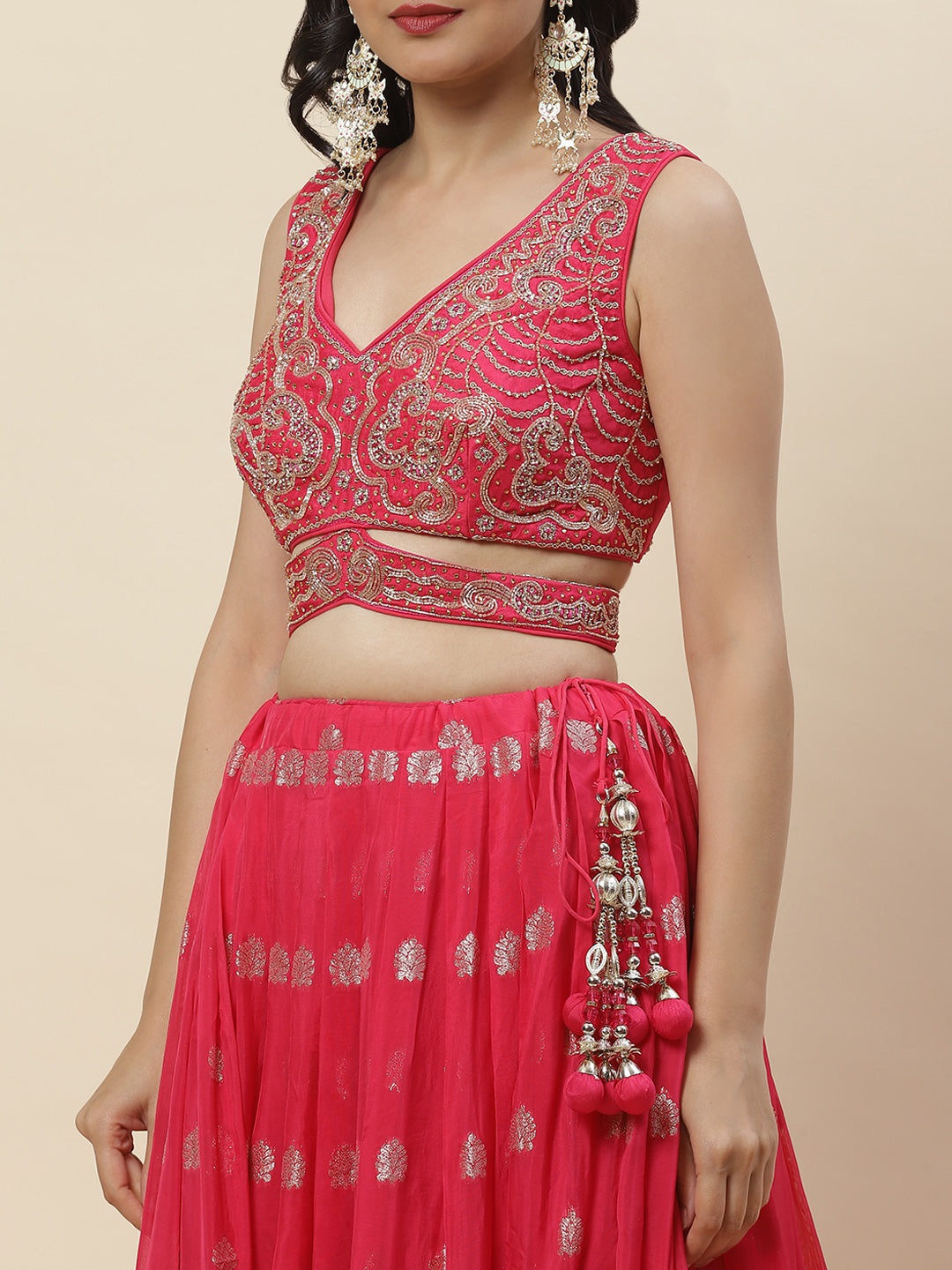 Zari Booti Embroidered Organza Choli With Lehenga &amp; Dupatta