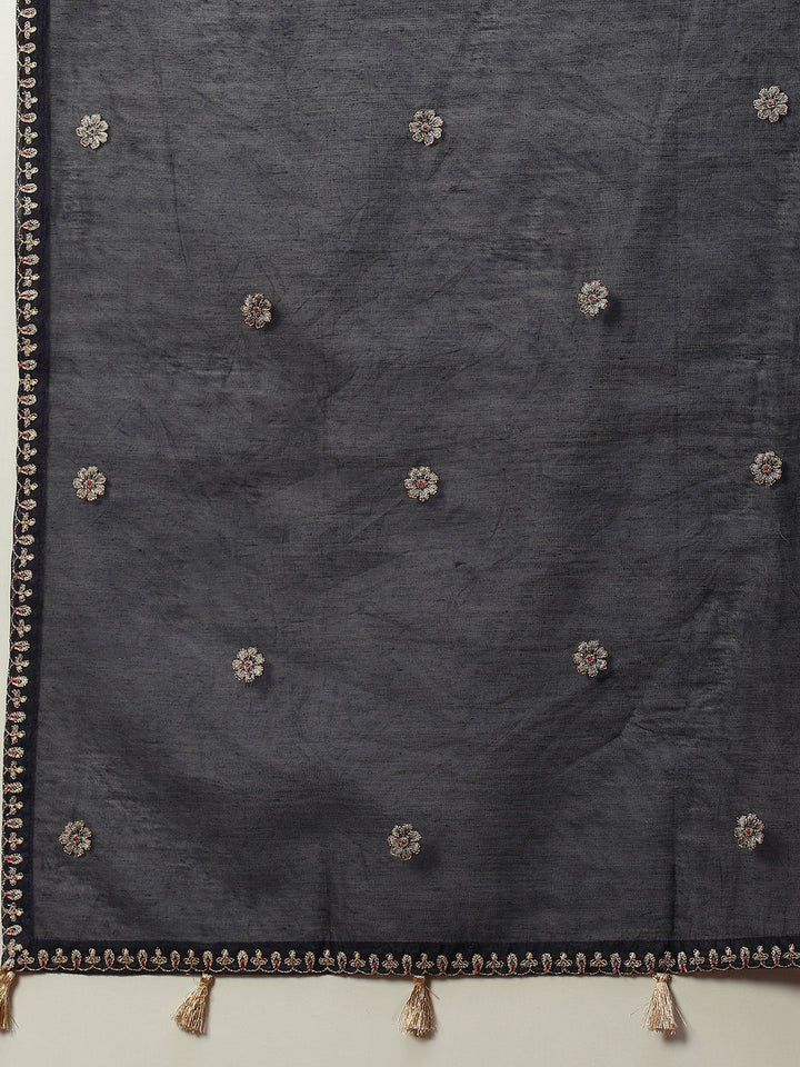 Resham Neck Embroidered Chanderi Kurta With Pants &amp; Dupatta