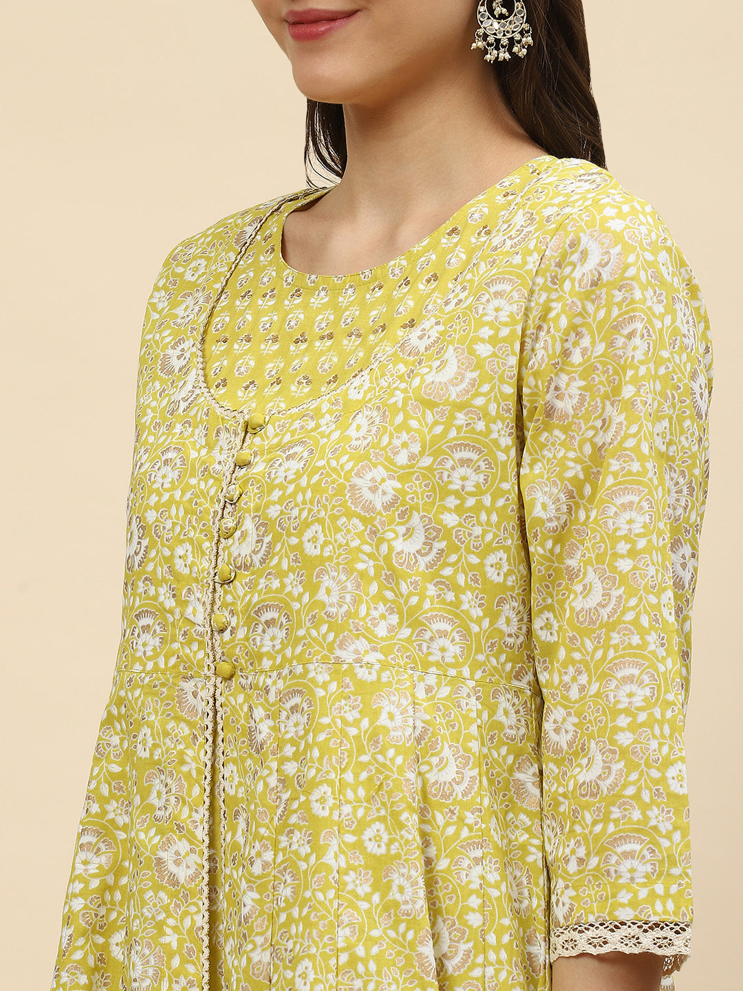 Floral Printed Cotton Anarkali Kurta With Jacket