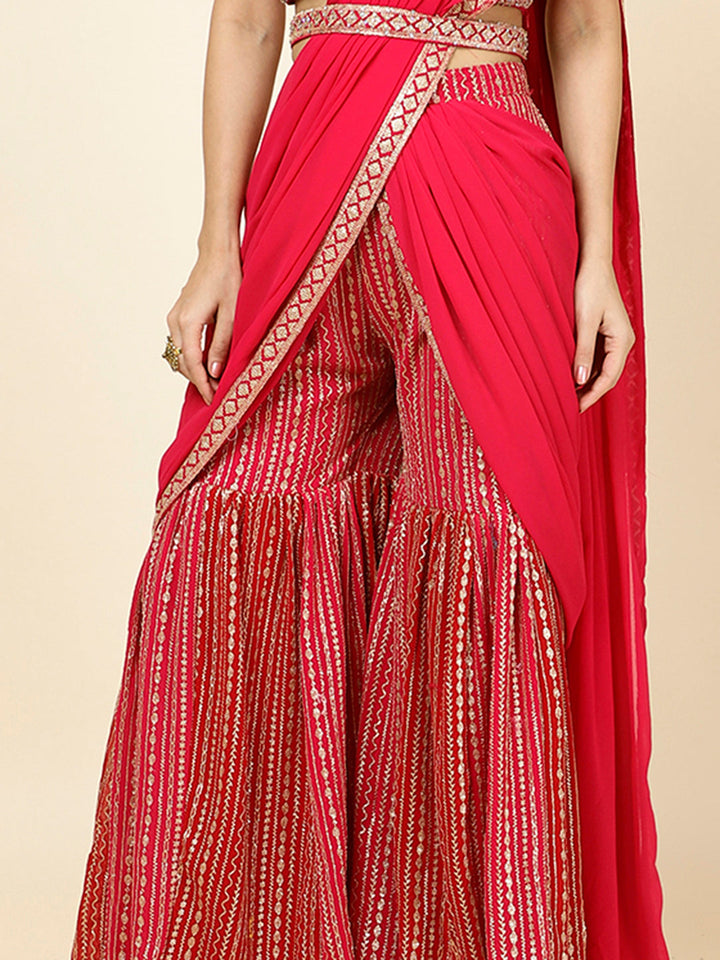 Zari Embroidered Crepe Crop Top With Dupatta &amp; Sharara