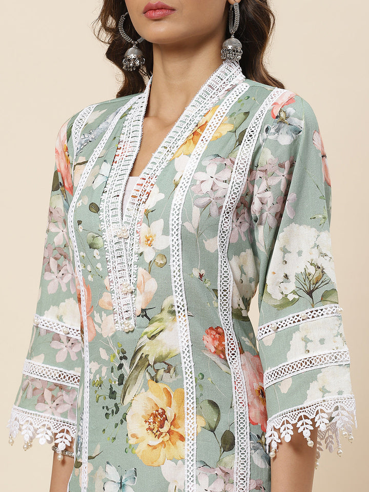 Floral Printed Cotton Kurta With Pants