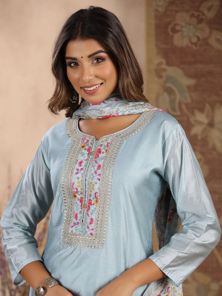 Neck Embroidered Chanderi Kurta With Pants &amp; Dupatta