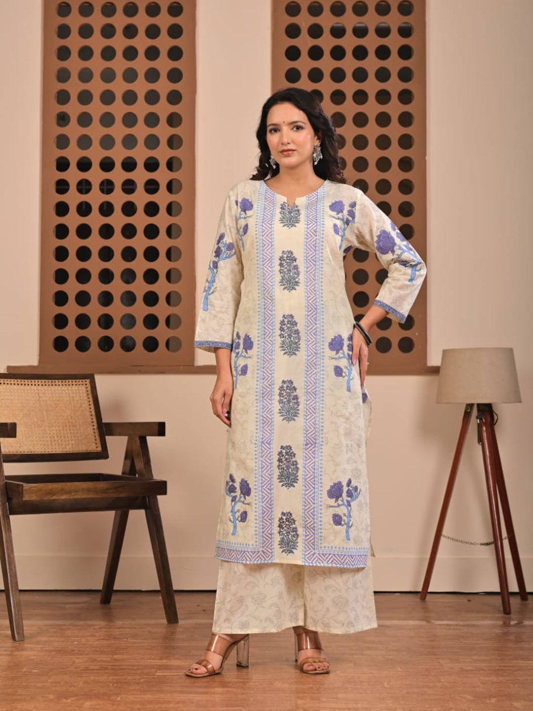 Blue Printed Cotton Blend Straight Suit Set With Dupatta
