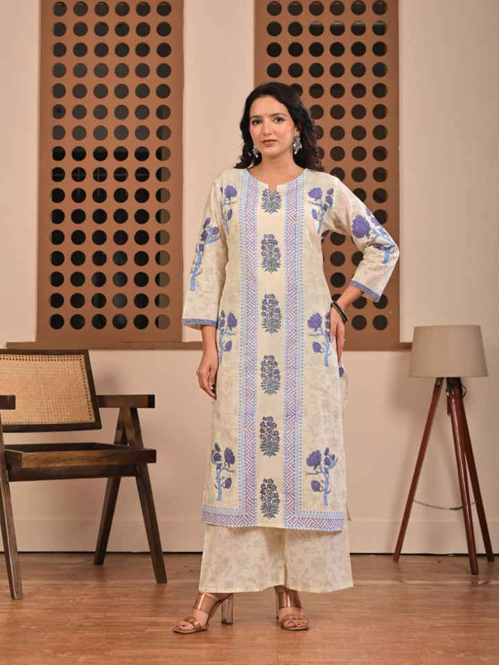Blue Printed Cotton Blend Straight Suit Set With Dupatta