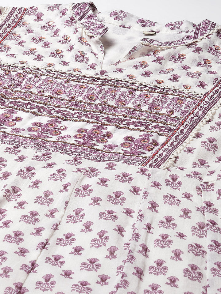 Floral Printed Cotton Kurta With Pants &amp; Dupatta