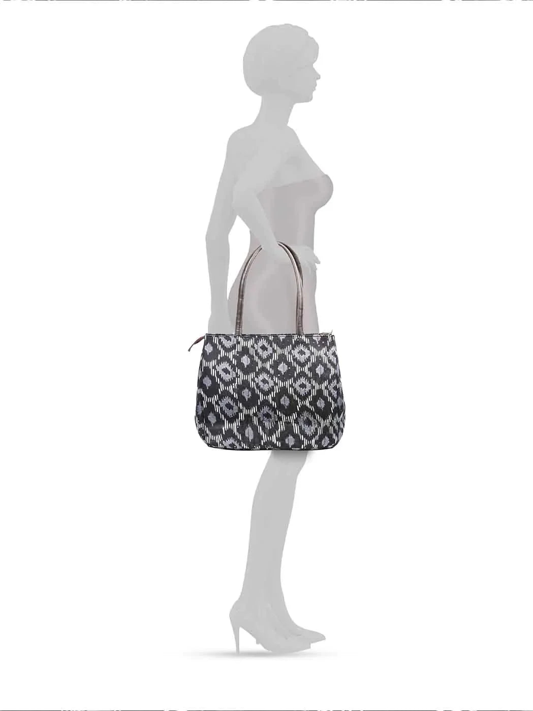 Black Printed Cotton Handbag With Pouch