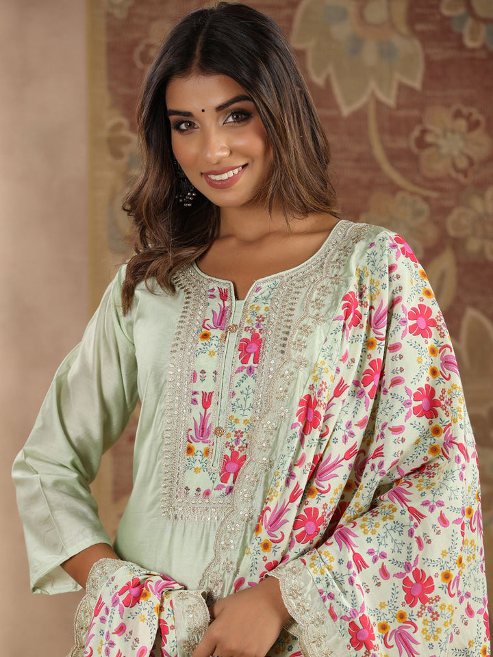 Neck Embroidered Chanderi Kurta With Pants &amp; Dupatta