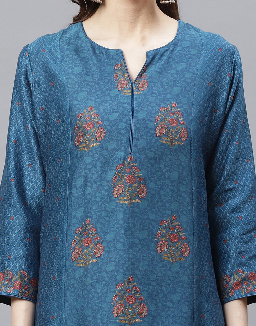 Blue Straight Cotton Chanderi Kurta with Plazzo Set