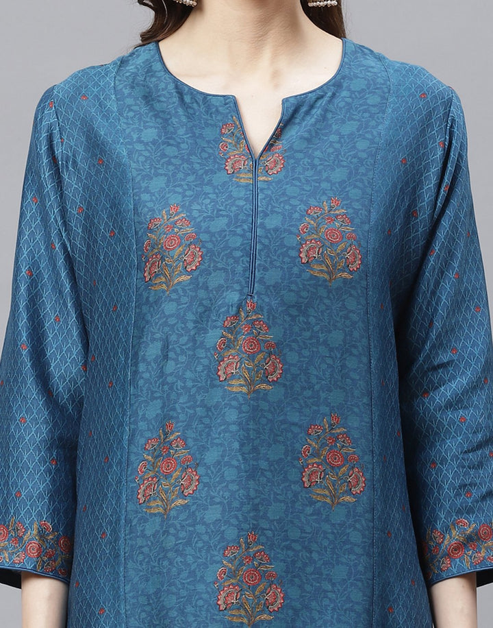 Blue Straight Cotton Chanderi Kurta with Plazzo Set