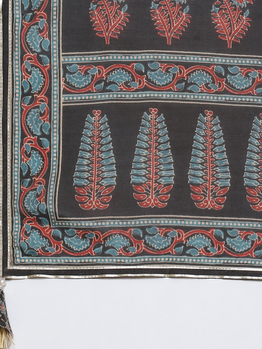 Gota Neck Printed Cotton Kurta With Garara &amp; Dupatta