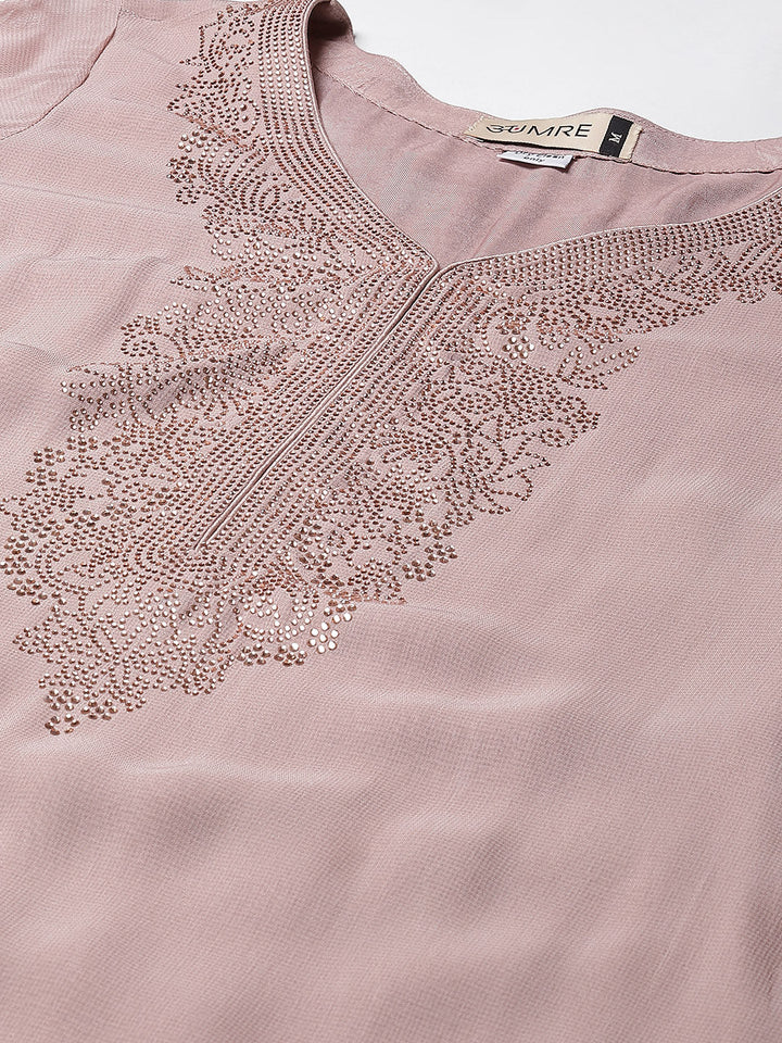 Neck Embellished Georgette Kurta With Palazzo &amp; Dupatta