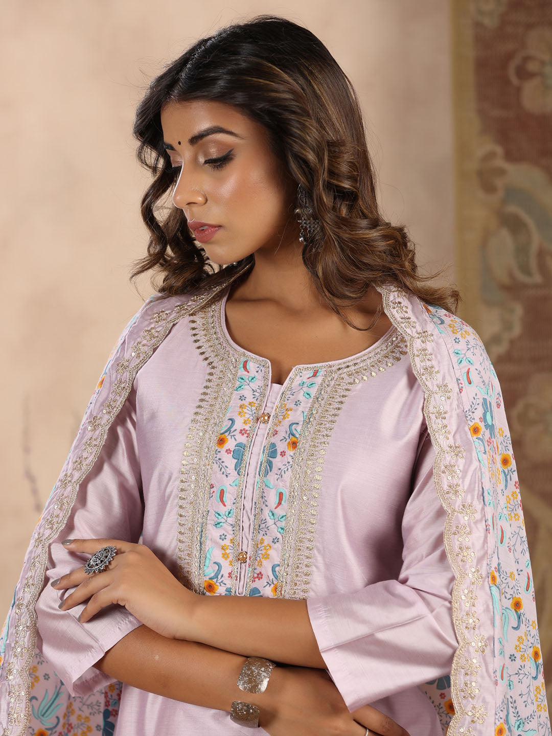Neck Embroidered Chanderi Kurta With Pants &amp; Dupatta