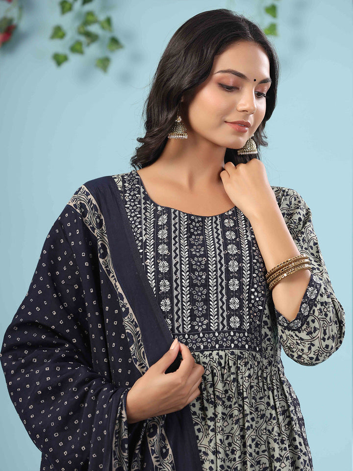 Printed Cotton Kurta With Pants &amp; Dupatta
