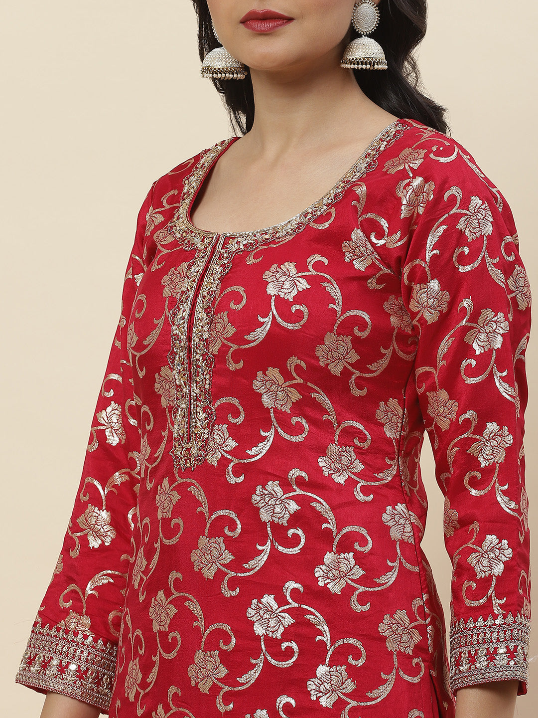 Floral Woven Handloom Kurti With Pants &amp; Dupatta