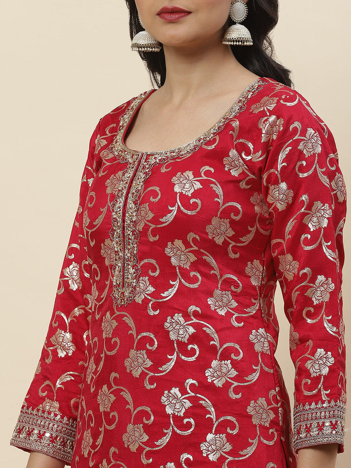Floral Woven Handloom Kurti With Pants &amp; Dupatta