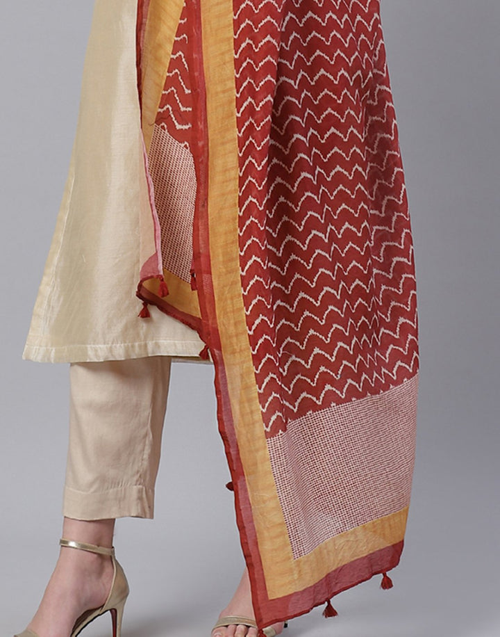 Beige and Grey Cotton Chanderi Salwar Kameez Stitched Suit