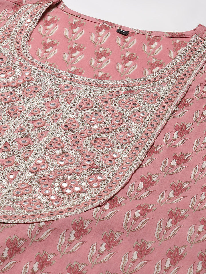 Printed  &amp; Neck Embroidered Cotton Kurta With Pants
