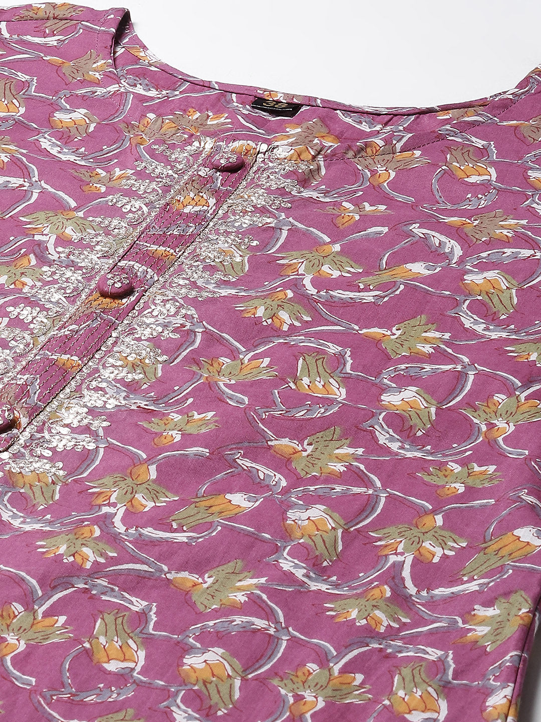 Printed &amp; Neck Embroidered Cotton Kurta