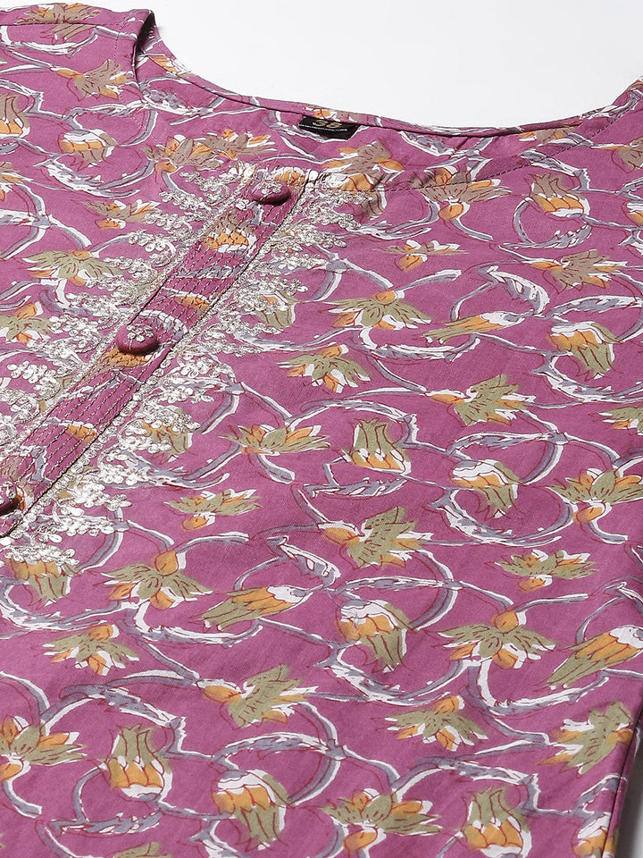 Printed &amp; Neck Embroidered Cotton Kurta