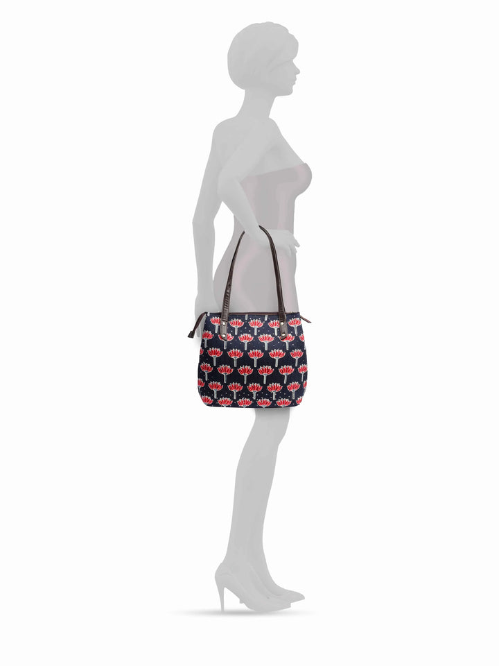 Navy Blue Printed Cotton Handbag With Pouch