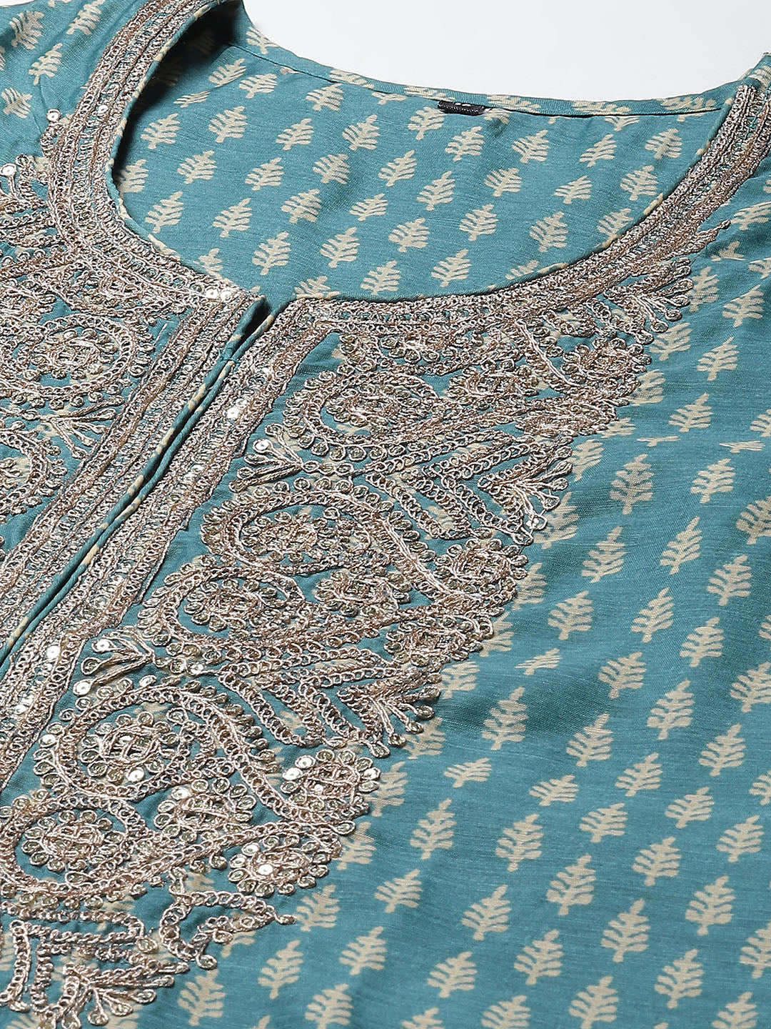Printed &amp; Neck Embroidered Chanderi Kurta With Pants &amp; Dupatta