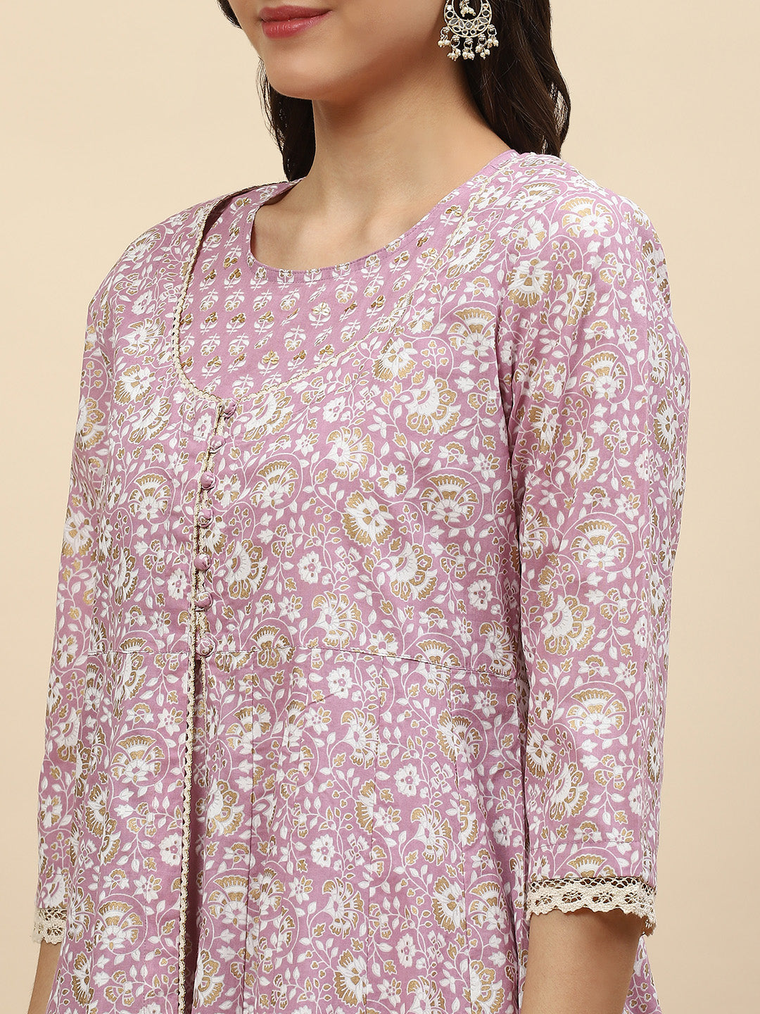 Floral Printed Cotton Anarkali Kurta With Jacket