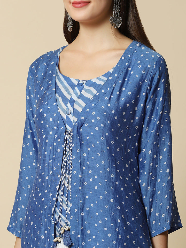 Leheriya Printed Muslin Kurta With Pants &amp; Jacket